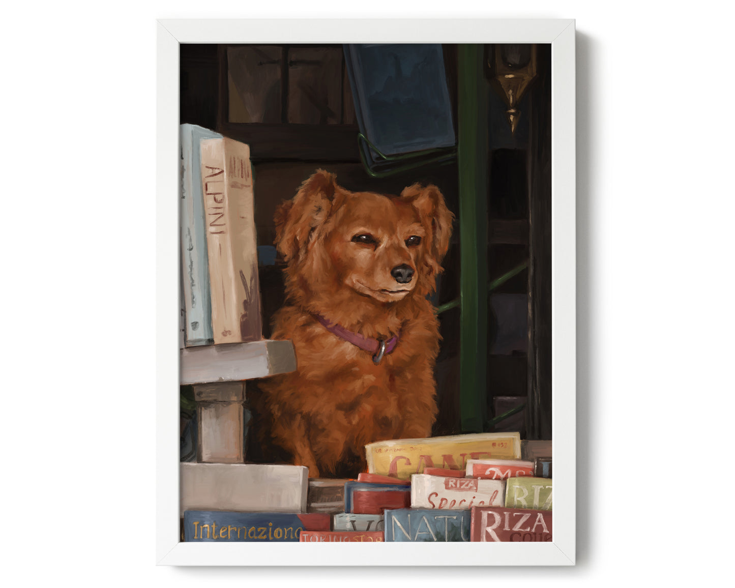 "Newsstand Dog" by Catherine Hébert - Italian Newsstand Dog Fine Art Poster Print - 12"x16" size