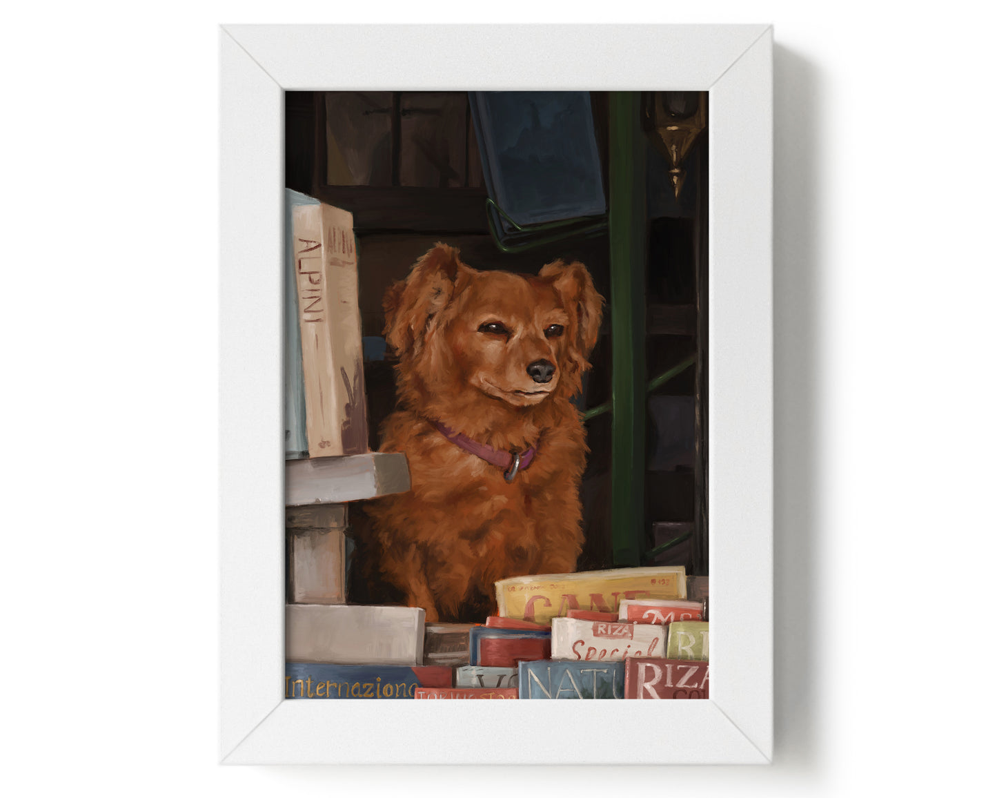 "Newsstand Dog" by Catherine Hébert - Italian Newsstand Dog Fine Art Poster Print - 5"x7" size