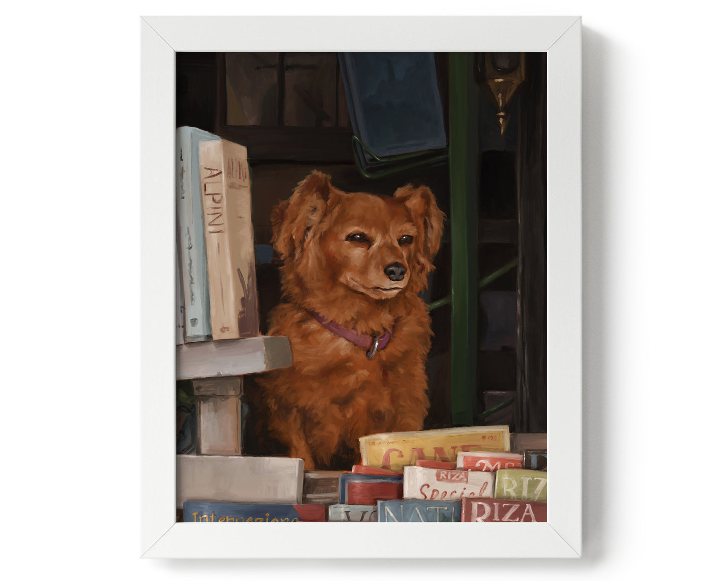 "Newsstand Dog" by Catherine Hébert - Italian Newsstand Dog Fine Art Poster Print - 13"x18" size